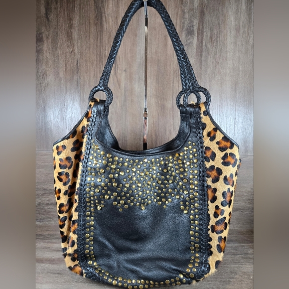 Clever Carriage Company Leopard Black Leather Studded Large Tote Shoulder Bag